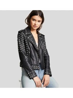 Cloudbery Studded Black Leather Biker Jacket - Women